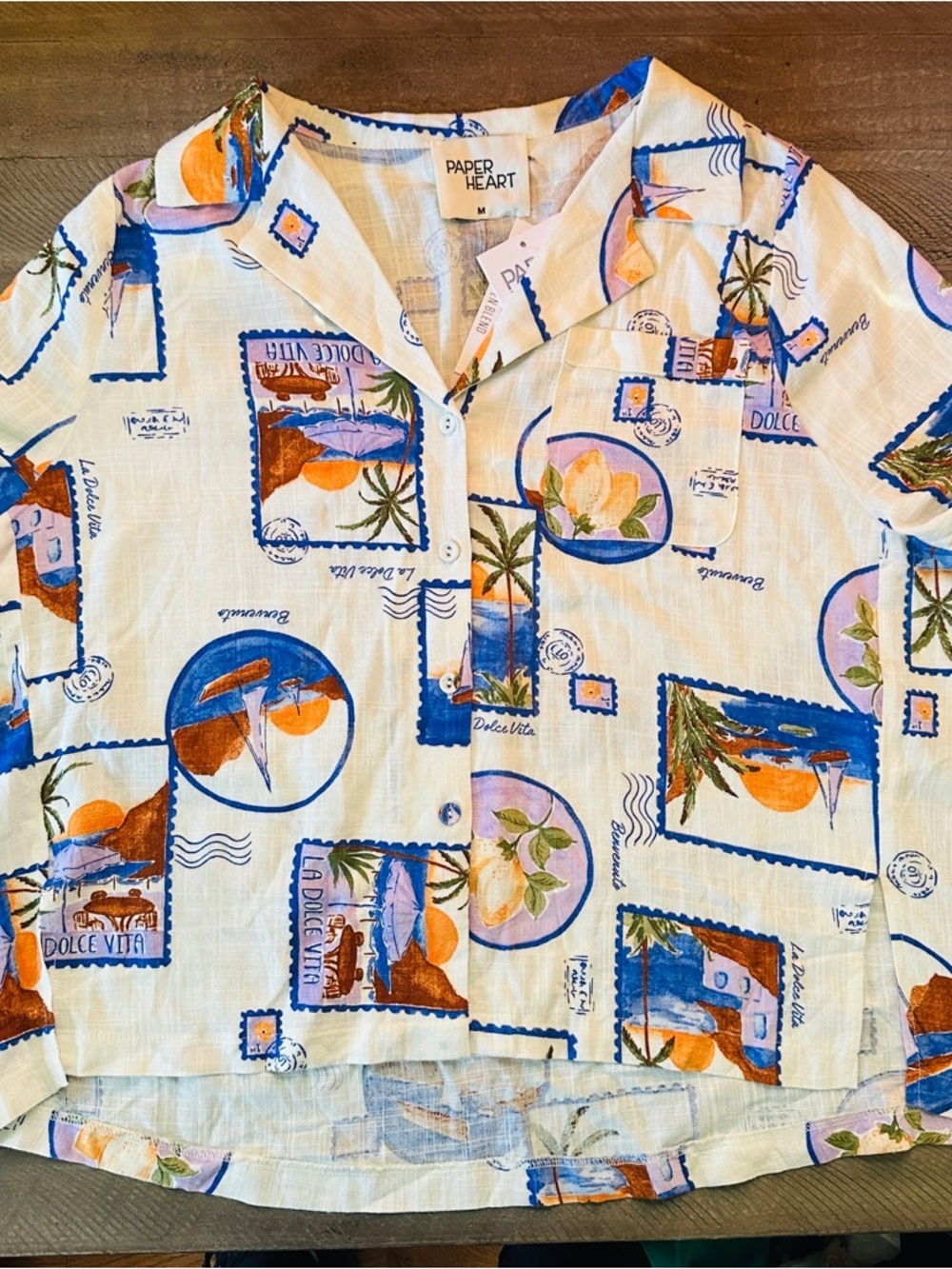 NWT Paper Heart Women’s Italy Print Button Up Linen Shirt Travel Graphic Medium - Picture 2 of 8